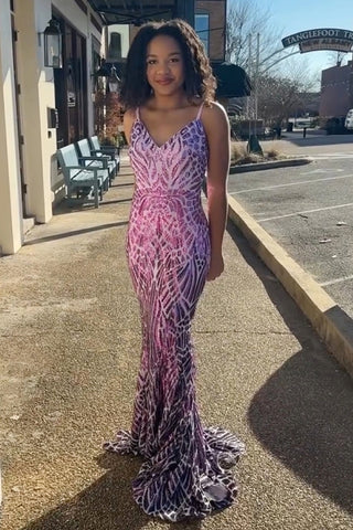 Stylish Mermaid Spaghetti Straps Pink Sequins Long Prom Dress