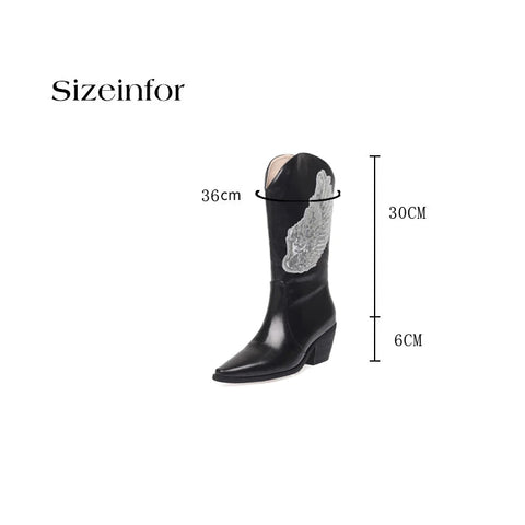 - Plus Size Bling Angel Wings Pattern Sequin Women's Mid Length Boots Pointed Toe Tapered Thick Heels Slip-On Dance Booties Silver