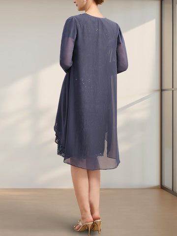 Sheath/Column Scoop Illusion Knee-Length Lace Chiffon Mother of the Bride Dress With Cascading Ruffles Sequins