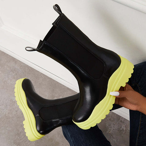 Platform Lug Sole Mid Calf Chelsea Boots Chunky Block Heel Booties