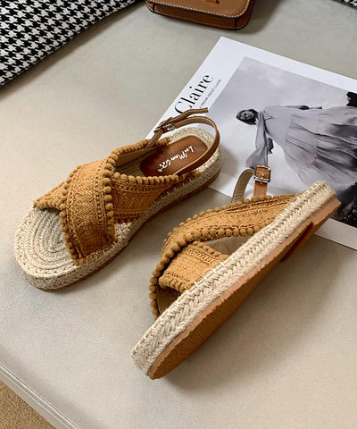 Braune flache Sandalen Strickstoff Bequemes Spleißen Peep Toe Schnallenriemen