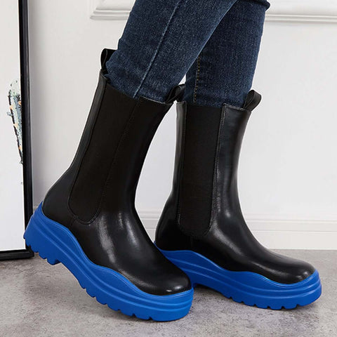 Platform Lug Sole Mid Calf Chelsea Boots Chunky Block Heel Booties