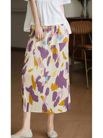 Women Artsy Flower Summer Split Hem Draped Skirt