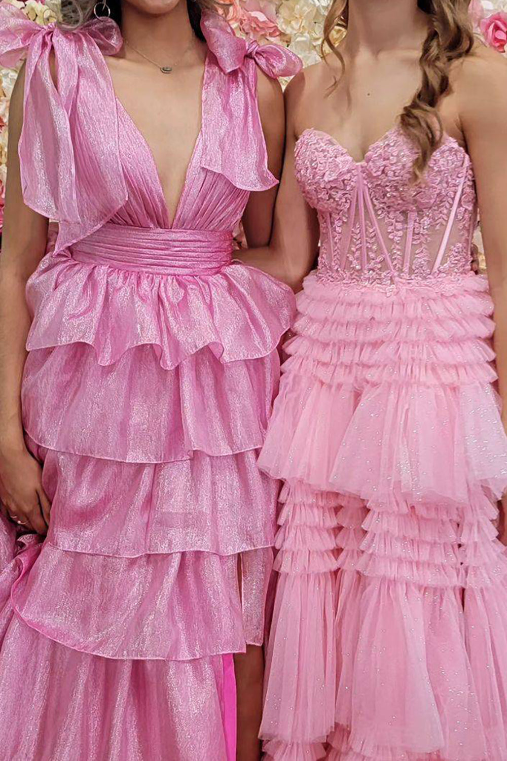 Princess A Line Deep V Neck Pink Prom Dress with Ruffles
