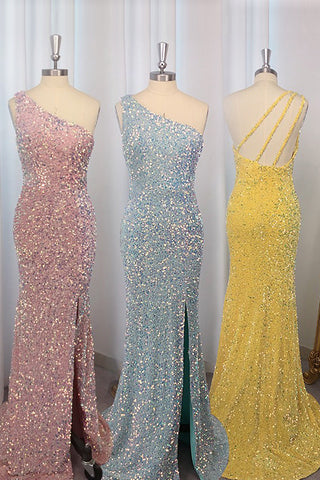 Mermaid One Shoulder Blush Sequined Prom Dress