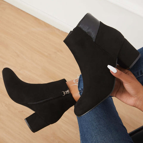 Chunky Block Mid Heel Ankle Boots Side Zipper Booties