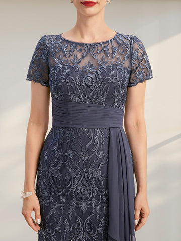 Sheath/Column Scoop Illusion Knee-Length Lace Chiffon Mother of the Bride Dress With Cascading Ruffles Sequins