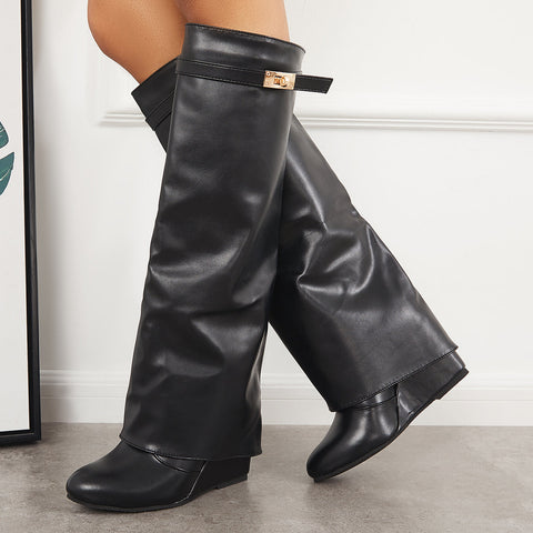 Women Pointed Toe Fold Over Wedge Heel Knee High Boots