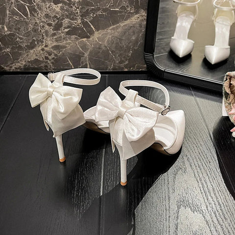 2024 New High Heels Women's Thin Heel Strap Satin White Wedding Shoes Butterfly Bridal Shoes