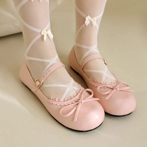- Spring Autumn Pink White Mary Janes Flat Shoes Woman Round Toe Buckle Strap Lolita Girls Student Ballet Flats Plus Size 43 44 45