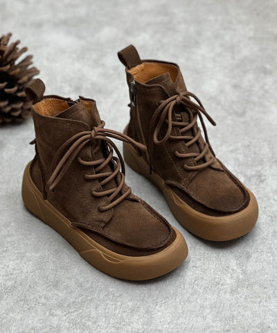 Coffee Cowhide Leather Boots Vintage Zippered Lace Up Mountaineering Boots