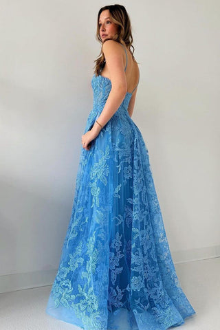 Spaghetti Straps Tulle Appliques Long Prom Dresses