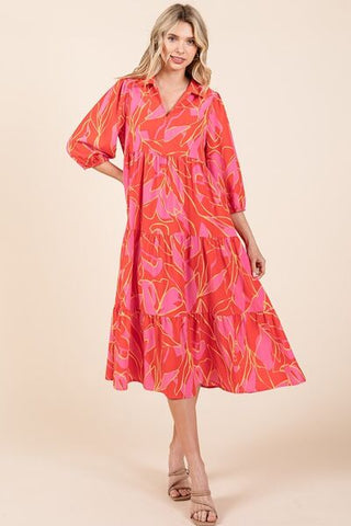 Tiered Collared Neck Vacation Midi Dress
