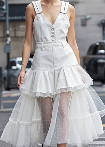 Women White V Neck Tulle Patchwork Denim Dress Summer