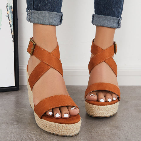 Criss Cross Ankle Strap Espadrille Wedge Platform Sandals