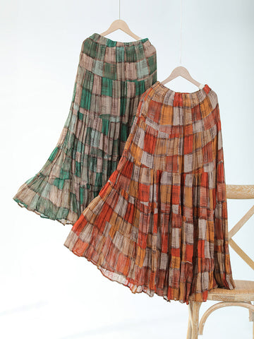 Women Bohemian Pleat Spliced Colorblock Layered Skirt