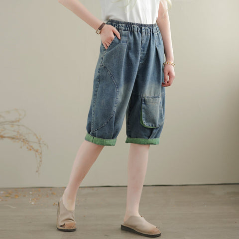 Women Summer Casual Loose Patchwork Denim Shorts