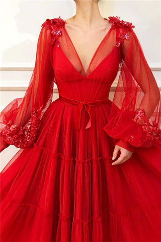 V-Neck Bubble Sleeves Prom Dress Long