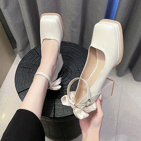 Square Toe Bow Mary Janes Shoes Women High Heels Lolita Shoes New Spring 2024 Pumps Fashion Party Zapatos Elegant Female Chunky