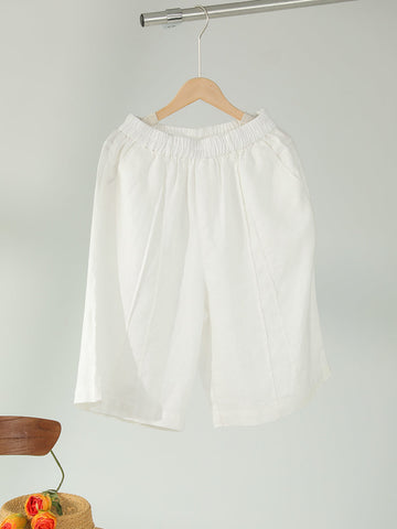 Women Summer Casual Solid Stitching Straight-leg Linen Pants