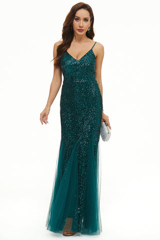 Sheath Spaghetti Straps Black Sequins Long Prom Dress