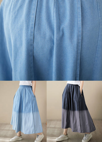 Light Blue Pockets Patchwork Denim Skirts Wrinkled Summer
