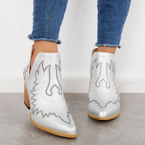Western Ankle Cowgirl Boots Slip on Cutout Chunky Heel Booties