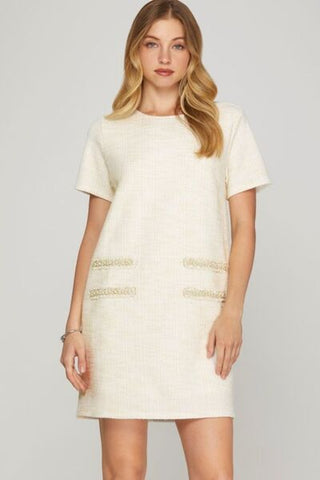Full Size Short Sleeve Pearl Studded Trim Knit Tweed Dress