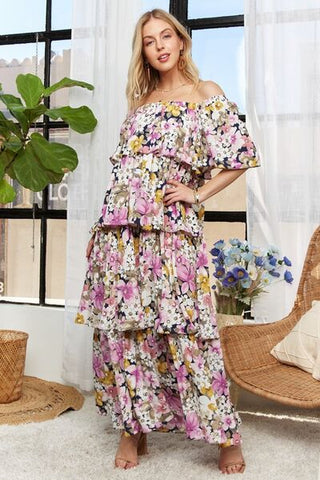 Layered Floral Off-Shoulder Short Sleeve Summer Maxi Dress