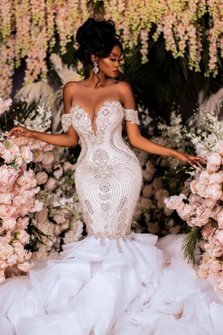 Beautiful Mermaid V-Neck Off-The-Shoulder Tulle Wedding Dresses