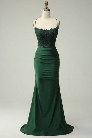 Mermaid Spaghetti Straps Dark Green Long Prom Dress with Appliques