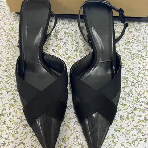 Fashion Thin Heels Sandals Women's Brown Cross 2024 Pointed Toe Shallow Office Low-heel Pumps Slingbacks Temperament Mule Shoes