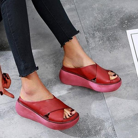 Red Platform Criss Cross Slides Slip on Slide Sandals