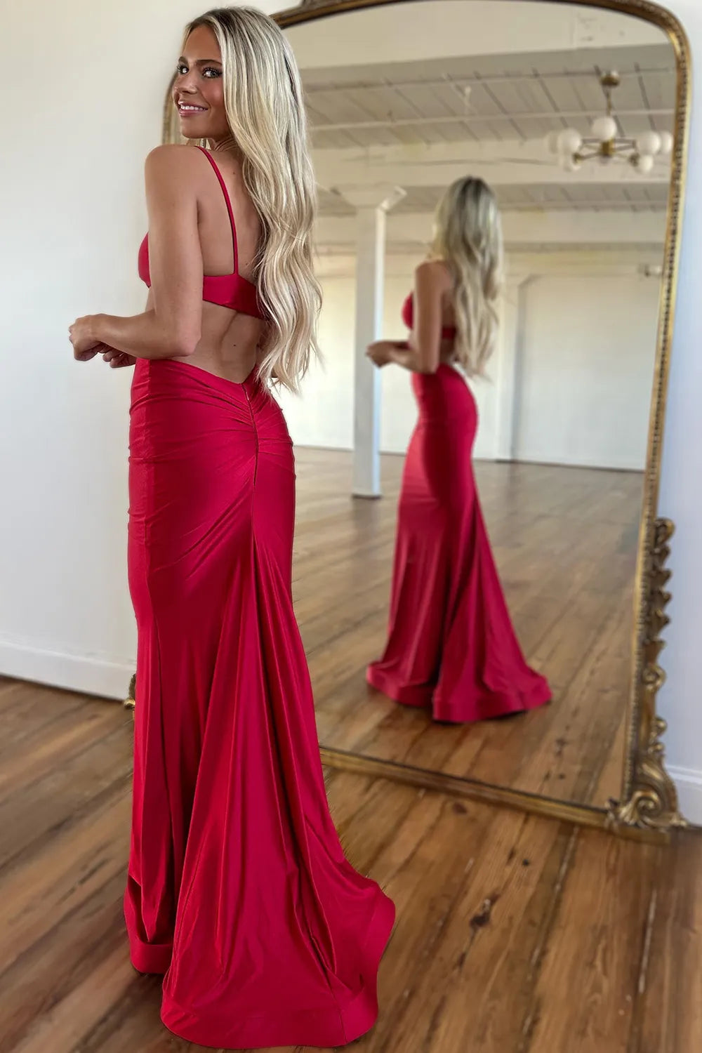 Red Spaghetti Straps Cut-out Mermaid Satin Long Prom Dress 