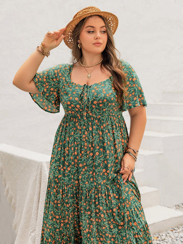Plus Size Dark Green Floral Summer Maxi Dress