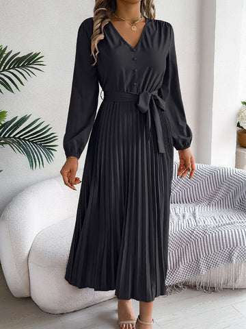 Plissiertes, gebundenes Midikleid mit V-Ausschnitt und langen Ärmeln
