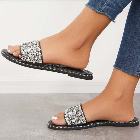 Rhinestone Slip on Flat Sandals Sparkly Slippers