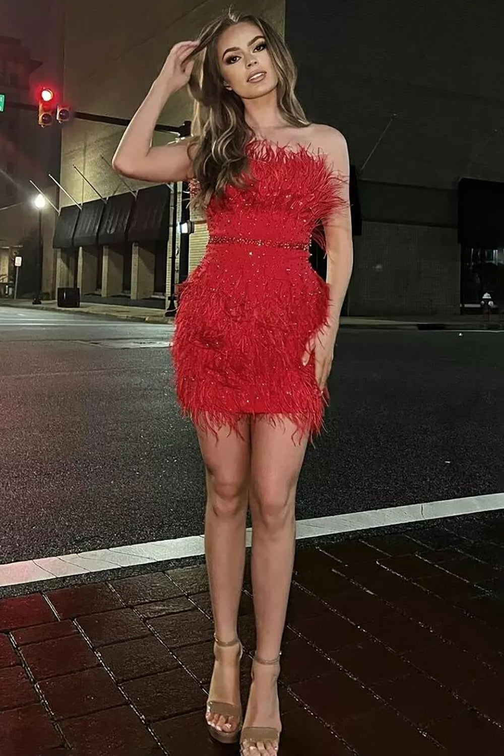 Sheath Strapless Red Short Homecoming Dress with Feather