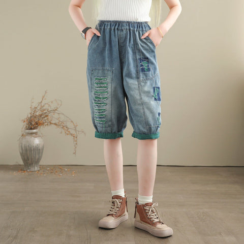 Women Summer Casual Minimalist Patchwork Denim Shorts