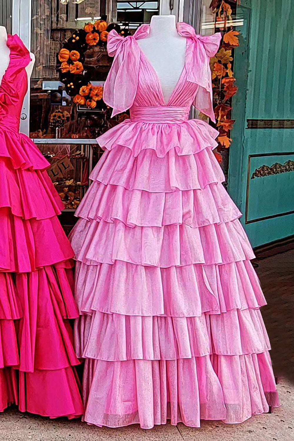 Princess A Line Deep V Neck Pink Prom Dress with Ruffles