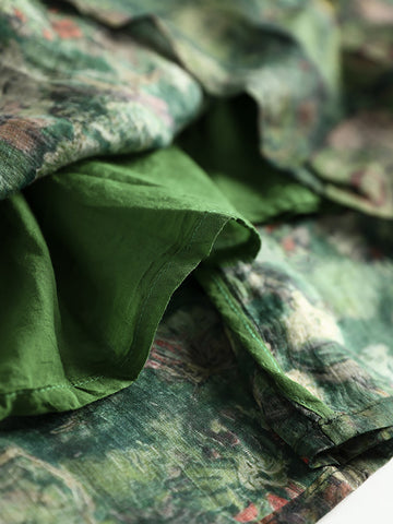 Women Summer Artsy Flower Drawstring Pocket Ramie Skirt