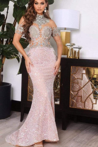 Bmbridal High Neck Mermaid Evening Dress Crystal Long Sequins
