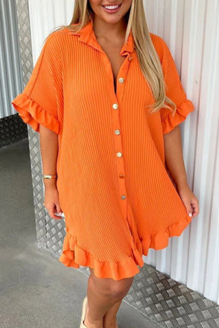 Neues Hemdkleid in Volltonfarbe mit Rüschenärmeln und unregelmäßigem Hemdkleid 