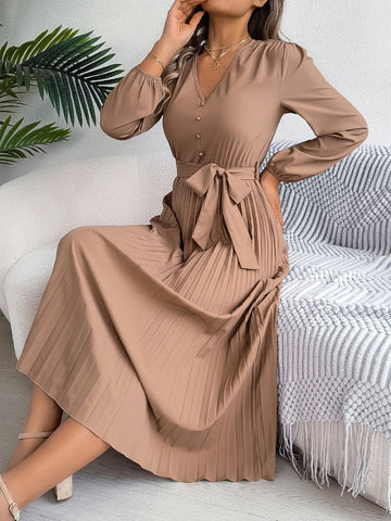 Plissiertes, gebundenes Midikleid mit V-Ausschnitt und langen Ärmeln