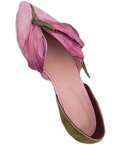 Handmade Pink Satins Flower Pointed Toe Flat Shoes