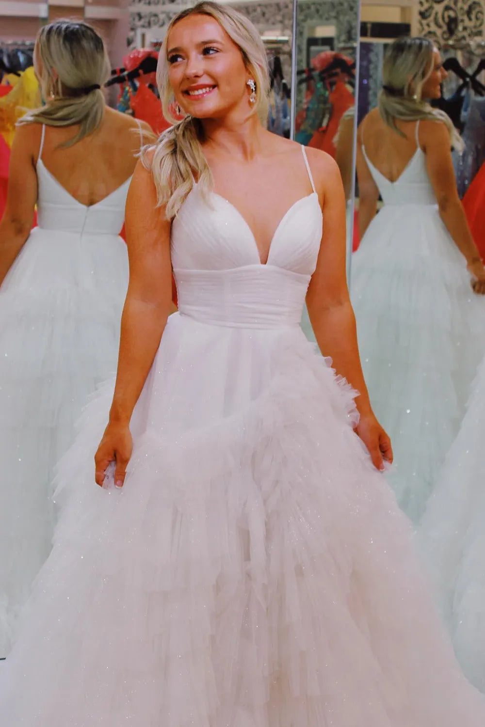 A Line Spaghetti Straps Pink Long Prom Dress with Ruffles