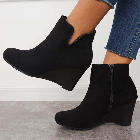 Cutout Ankle Wedge Booties V-cut Stacked Heel Boots