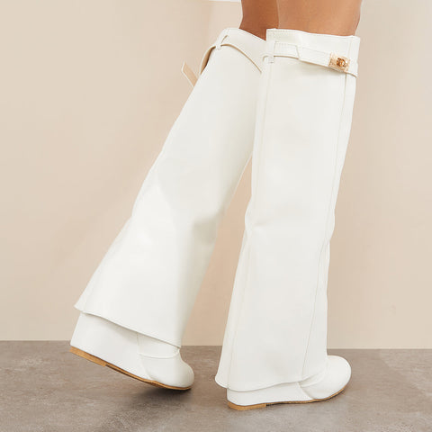 Women Pointed Toe Fold Over Wedge Heel Knee High Boots
