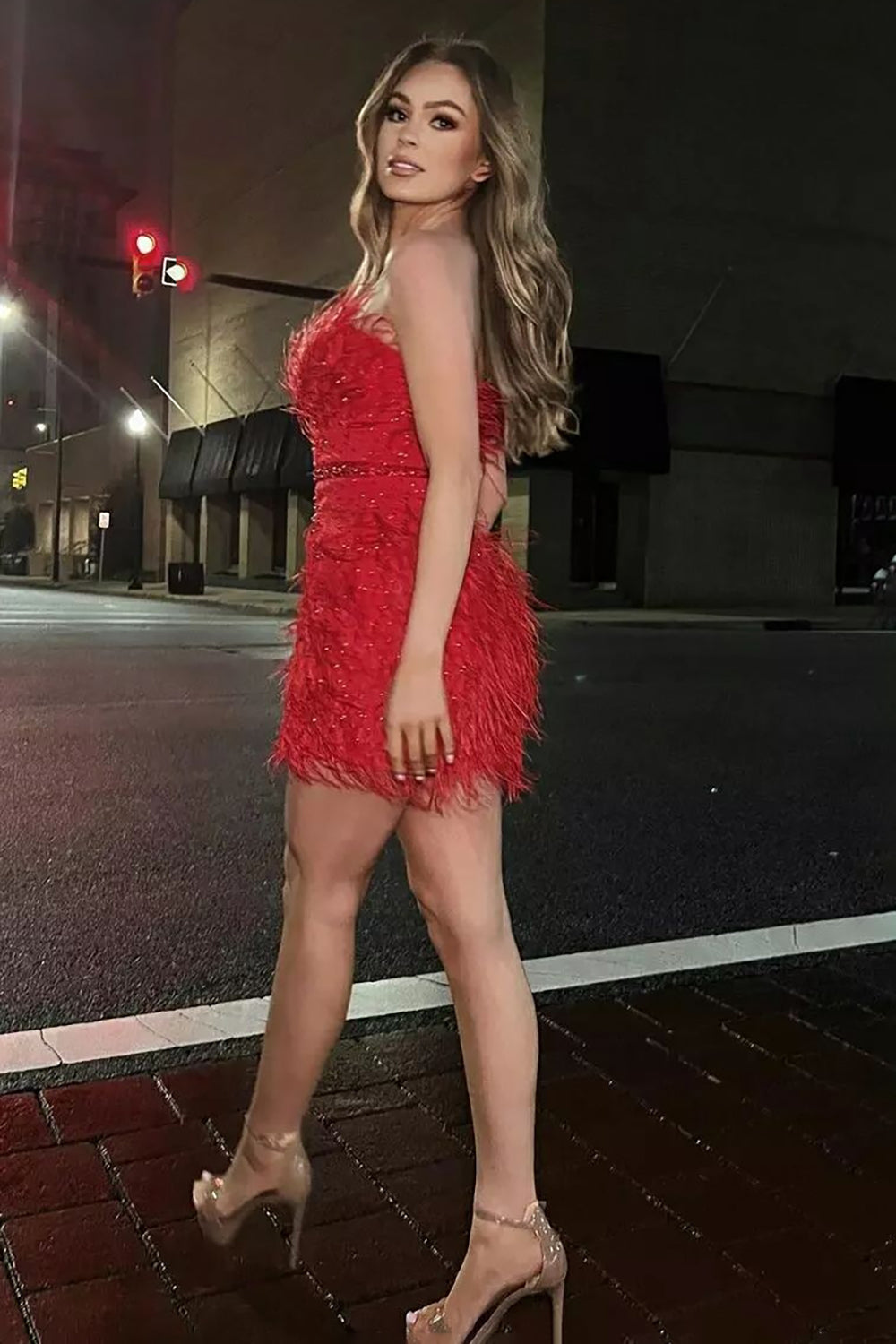 Sheath Strapless Red Short Homecoming Dress with Feather