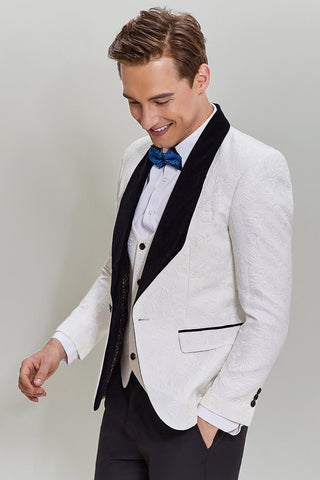 White Jacquard 3 Piece Men's Suits with Shawl Lapel